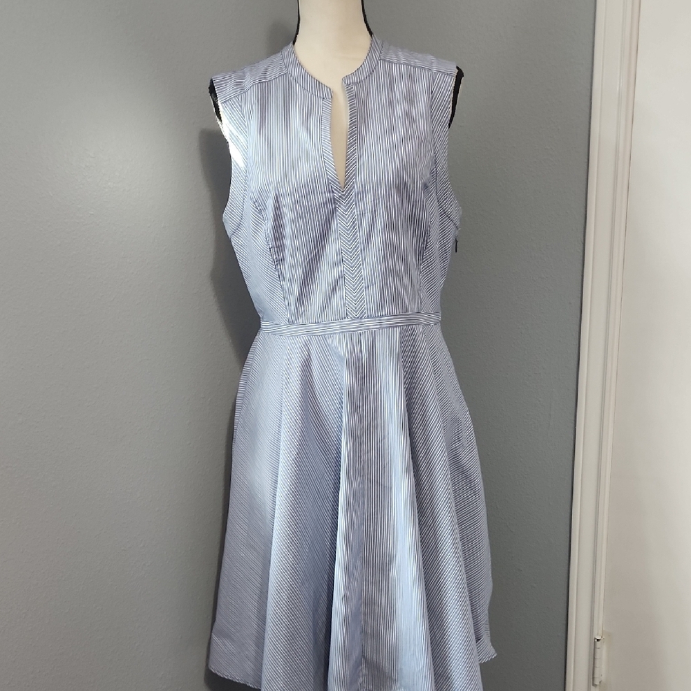 Tory Burch Light Blue and White Striped Sleeveless Mini Dress